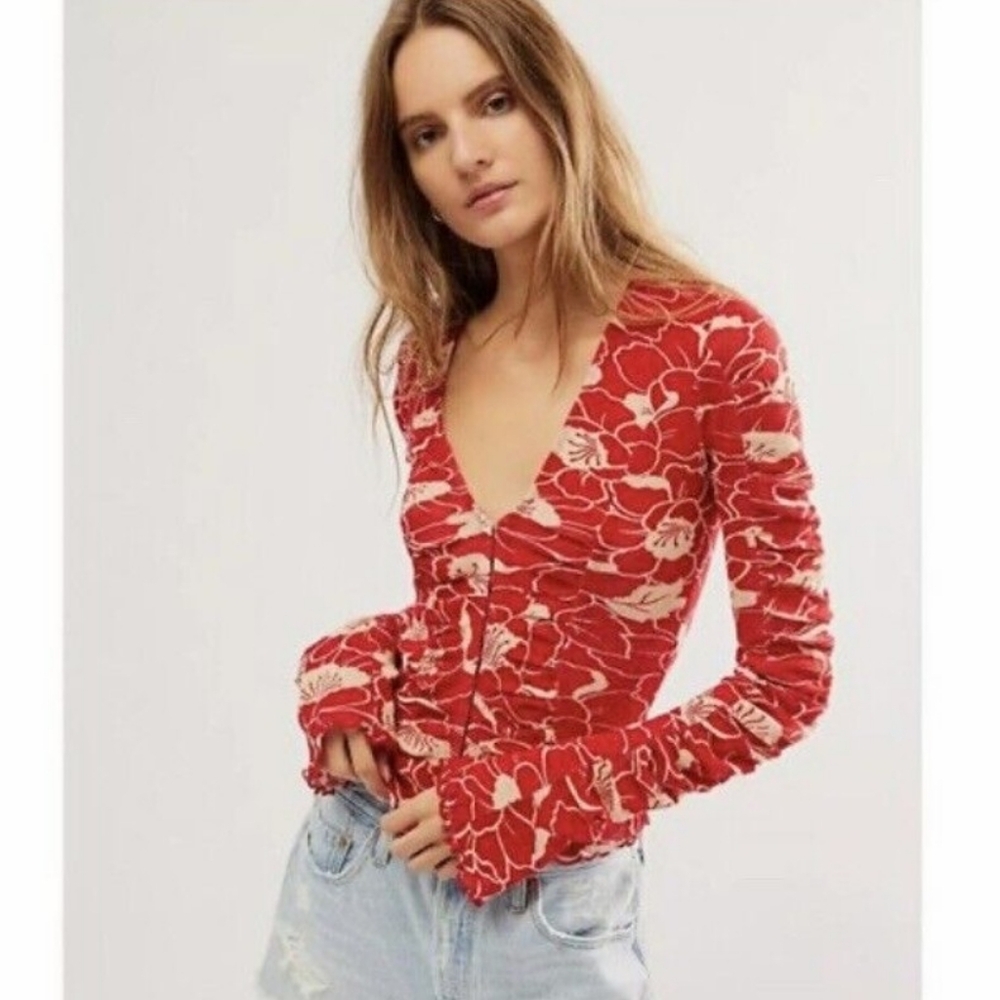 Free People Corset Top Through the Meadow Long Sleeve Red Floral